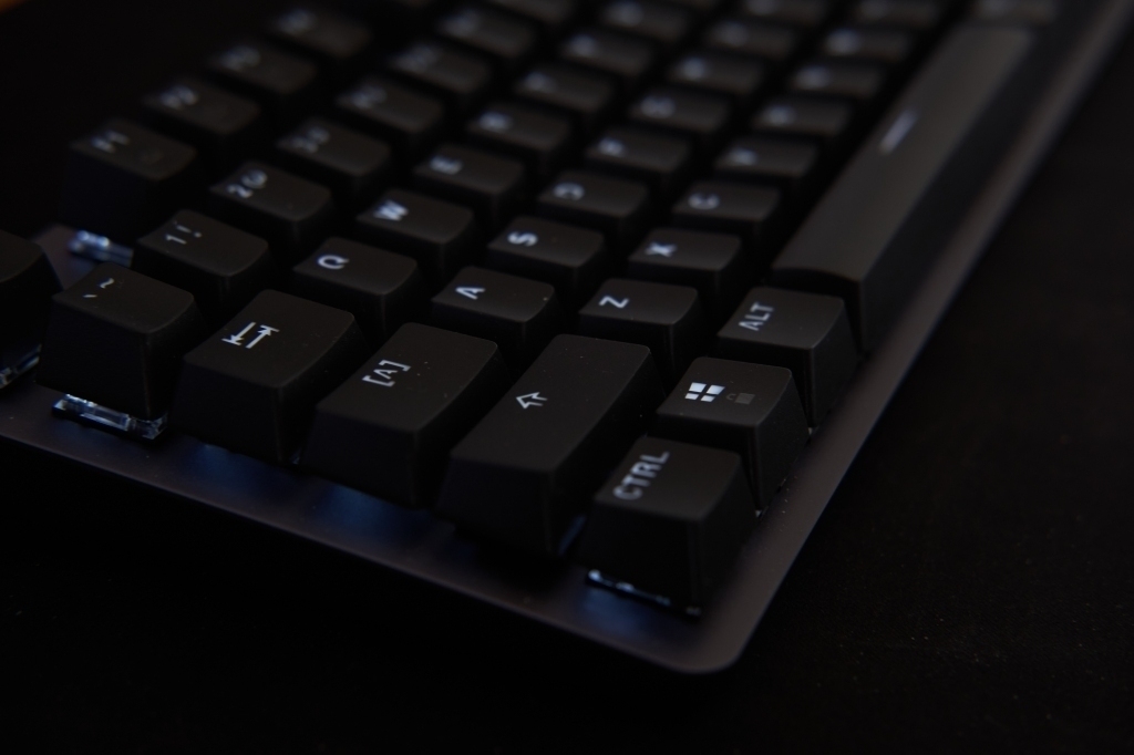 an angled picture of the new mechanical keyboard, a Logitech K845. The picture is angled so that you see the left-hand side's keys in focus, but the others are blurry. 