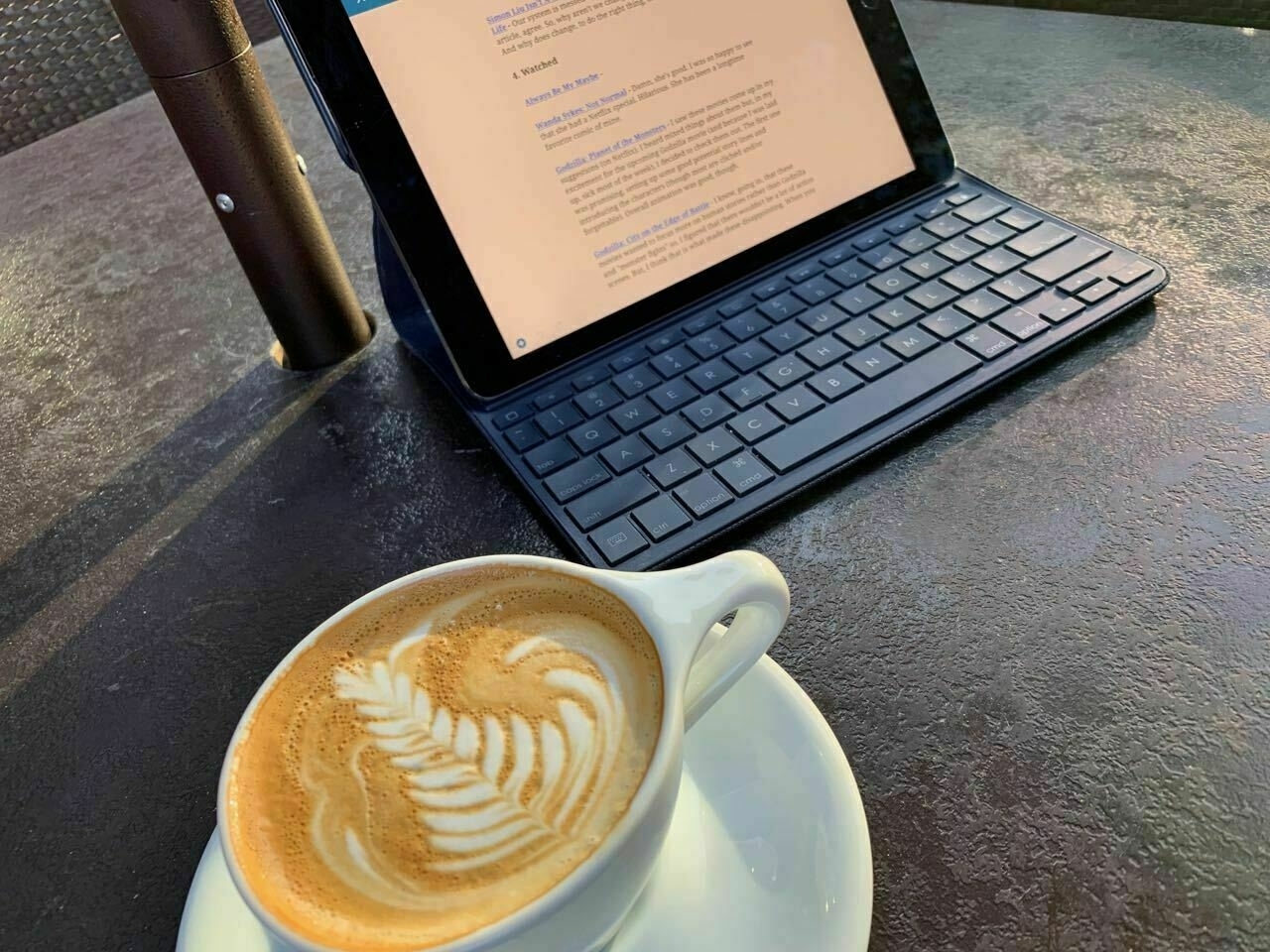 Flat white coffee and ipad with keyboard 