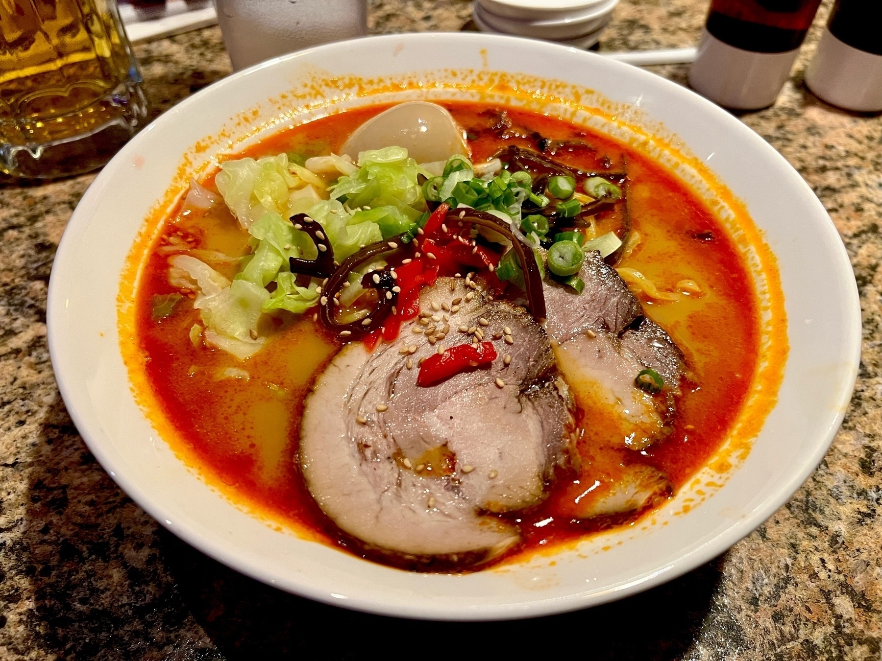 A bowl of aka (red) tonkotsu ramen. 