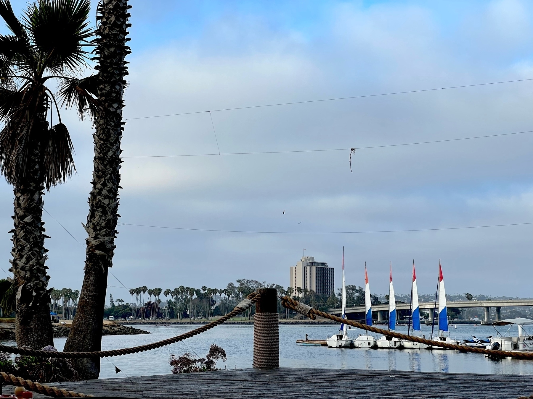a view if Mission Bay marina from an outdoor dining oatio, on San Diego California. There are three docked sailboats with red white and blue sails. in the distance is a tall hotel, on the ither side of the water. 